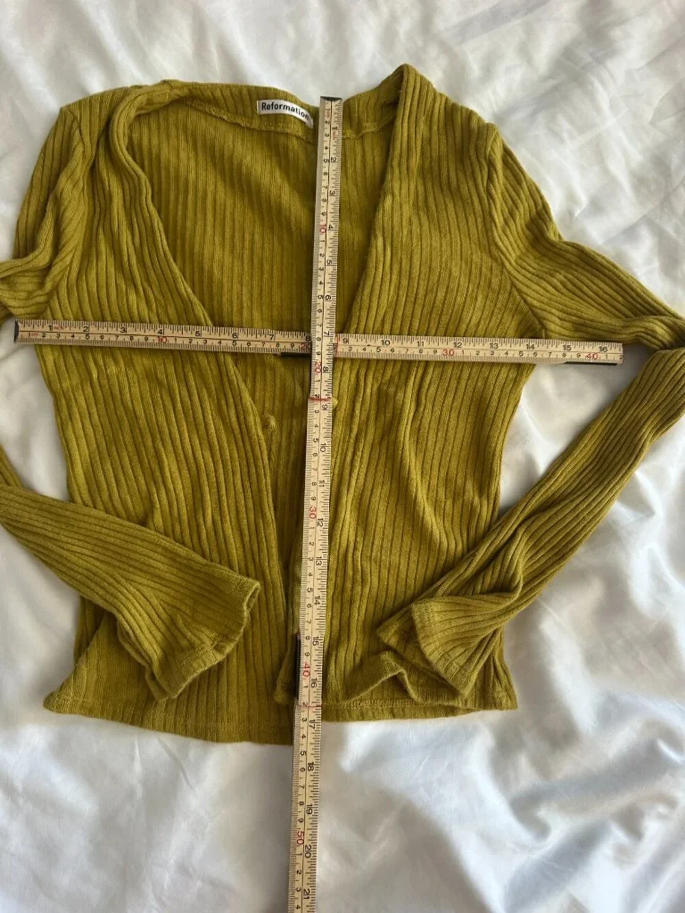 Reformation Ribbed Cropped Cardigan Top S Mustard Yellow Modal Knit Long Sleeve